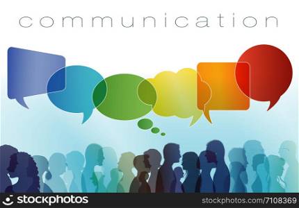 Multi-ethnic people dialogue. Diverse people. Large isolated group people in profile talking silhouette. Speech bubble. Crowd speaks. Concept to communicate. Social networking. Clouds. Talk