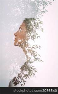 Multi exposure photos of a girl and a willow tree.. Multi-exposure as a separate art form of photography 3674.