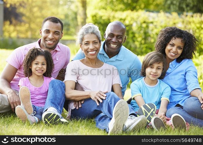 Multi Generation African American Family Sitting In Garden