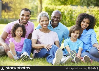 Multi Generation African American Family Sitting In Garden