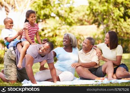 Multi Generation Family Having Fun In Garden Together