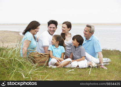 Multi Generation Family Having Picnic By Sea