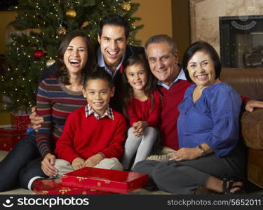 Multi Generation Family In Front Of Christmas Tree