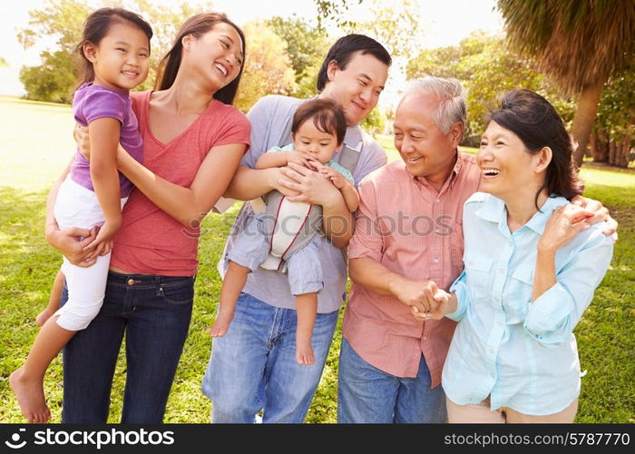 Multi Generation Family Walking In Park Together