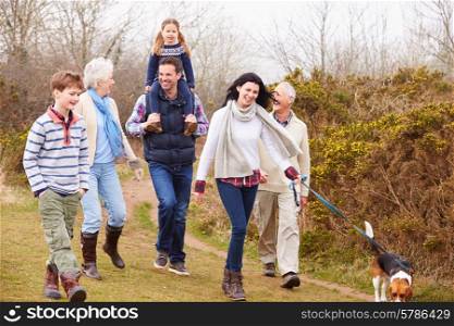Multi Generation Family With Dog On Countryside Walk
