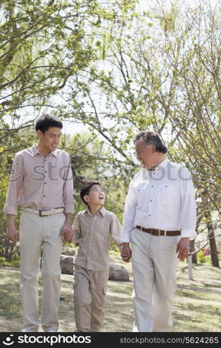 Multi-generational family, grandfather, father, and son holding hands and going for a walk in the park in springtime