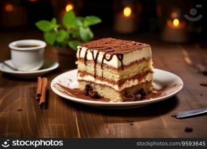 Multi-layered coffee cake in a plate on a wooden table. Multi-layered coffee cake in a plate