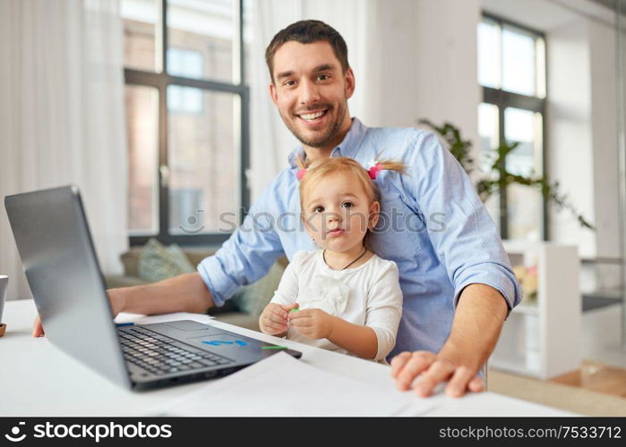 multi-tasking, freelance and fatherhood concept - working father with baby daughter and laptop computer at home office. working father with baby daughter at home office