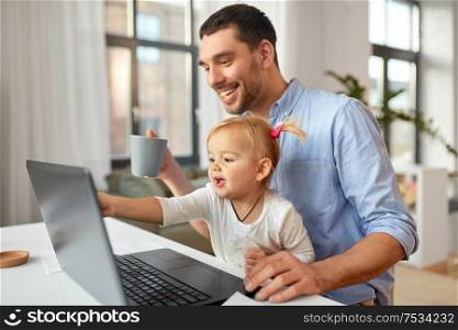 multi-tasking, freelance and fatherhood concept - working father with baby daughter and laptop computer at home office. working father with baby daughter at home office