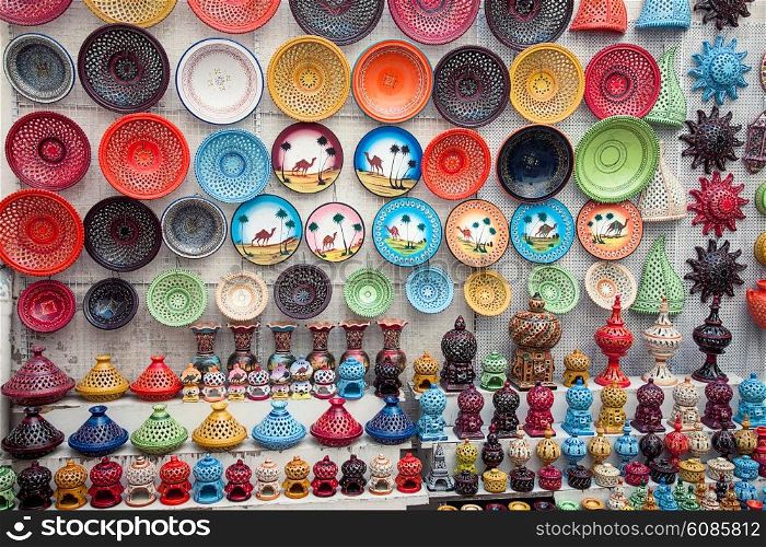 multicolor earthenware in tunisian market