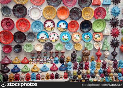 multicolor earthenware in tunisian market