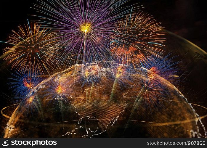 Multicolor Firework Celebration over the Part of Abstract planet earth particle background, Independence day concept