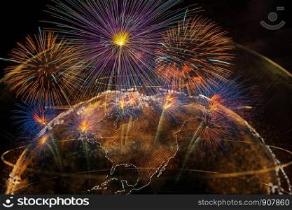 Multicolor Firework Celebration over the Part of Abstract planet earth particle background, Independence day concept