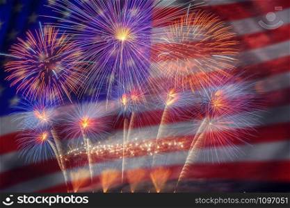 Multicolor Fireworks Celebrate over the United state of America USA flag background, Independence day concept