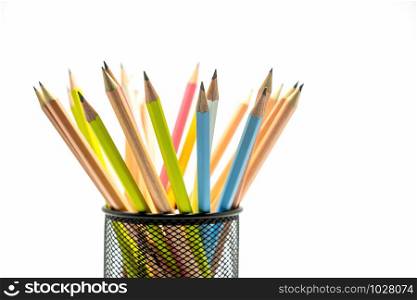 Multicolor pencil on white background, stationary for study concept, back to school