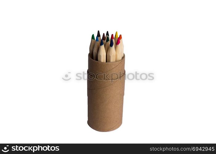 Multicolor pencils. Colored pencils in a pencil case on white isolated background