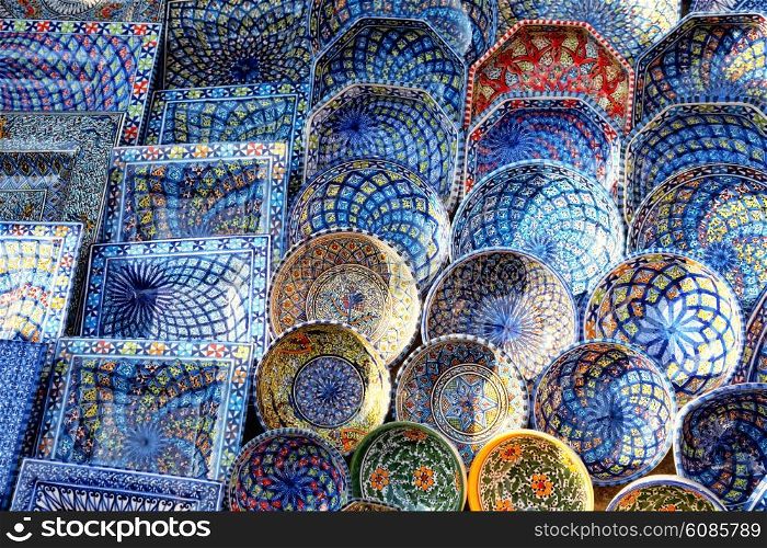 multicolor sovenir earthenware in tunisian market, Sidi Bou Said, Tunisia