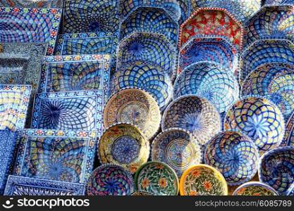 multicolor sovenir earthenware in tunisian market, Sidi Bou Said, Tunisia