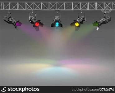 Multicolor spotlights illuminated wall. Space for text. 3d