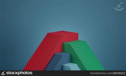 Multicolor staircases with blank step platform, minimal product showcase pedestal, 3d render illustration