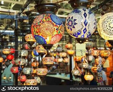 Multicolor Turkish lamps in rows, horizontal image