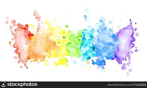 Multicolor watercolor horizontal stripe. Isolated spot on white background. Yellow, orange, green, red, blue and purple blots drawn by hand. Bright rainbow.. Multicolor watercolor horizontal stripe.