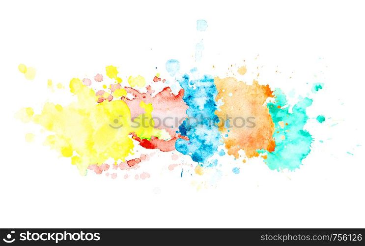 Multicolor watercolor horizontal stripe. Isolated spot on white background. Yellow, orange, green, red, blue blots drawn by hand.. Multicolor watercolor horizontal stripe.