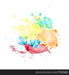 Multicolor watercolor stain round shape. Isolated spot on white background. Yellow, orange, green, blue and red blots drawn by hand.. Multicolor watercolor stain round shape.