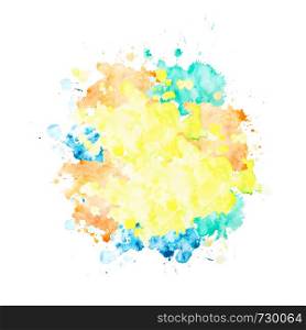 Multicolor watercolor stain round shape. Isolated spot on white background. Yellow, orange, green and blue blots drawn by hand.. Multicolor watercolor stain round shape.