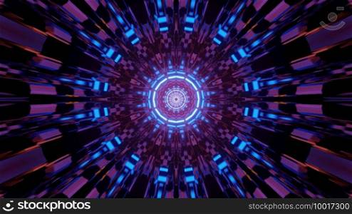 Multicolored 3d illustration of abstract futuristic background with round shaped kaleidoscope ornament and neon lights creating optical illusion of endless tunnel. Gleaming multicolored neon pattern 3d illustration