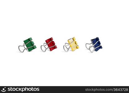 Multicolored bulldog clips over white background