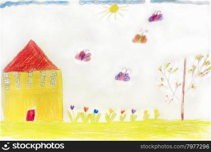 Multicolored children&amp;#39;s drawing with house butterflies and flowers
