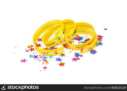 Multicolored confetti in the shape of stars and yellow ribbon with golden stripes coiled as a spiral isolated on white background