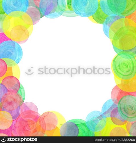 Multicolored dot confetti texture. Circle border frame with watercolor dots. . Watercolor rainbow confetti background. Abstract colorful dots frame.