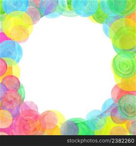 Multicolored dot confetti texture. Circle border frame with watercolor dots. . Watercolor rainbow confetti background. Abstract colorful dots frame.