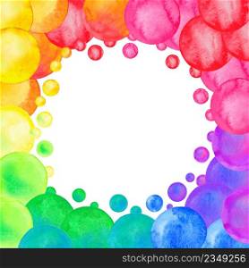 Multicolored dot confetti texture. Colorful watercolor dots isolated. Circle border frame with watercolor dots. Confetti party illustration.. Watercolor rainbow confetti background. Abstract colorful dots frame.