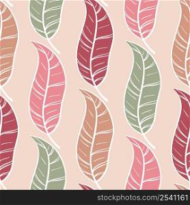 Multicolored feathers vintage seamless pattern. Beautiful background with feathers. Template for fabric, paper, packaging, design and wallpaper. Model vector illustration. Multicolored feathers vintage seamless pattern