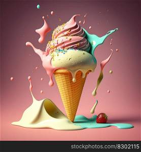 Multicolored ice cream cone. generative AI