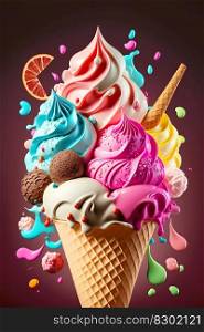 Multicolored ice cream cone. generative AI