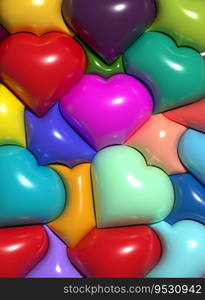 Multicolored inflated hearts, 3D rendering illustration