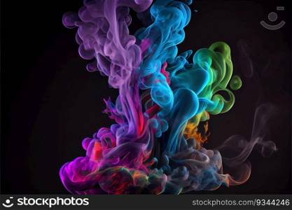 Multicolored liquid smoke - blue, green, purple on a black background. Generative AI technology. Purple, blue, green and pink smoke on a black background. AI generated