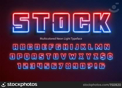 Multicolored Neon light alphabet, extra glowing font. Exclusive swatch color control.. Multicolored Neon light alphabet, extra glowing font.