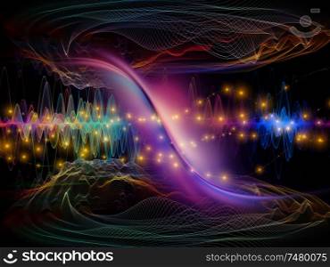 Multicolored Oscillation. Optical Flow series. Backdrop design of color lines and lights isolated on black background for works on technology, design and education