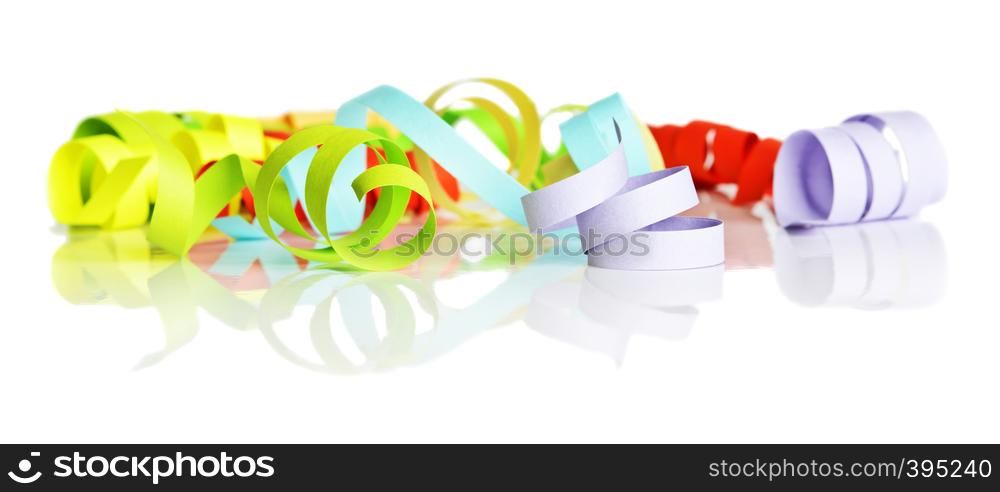 Multicolored paper ribbons twisted into a spiral isolated on a white background