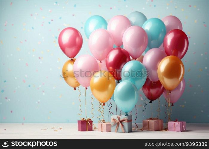 Multicolored party balloons with gift for party. Generative AI