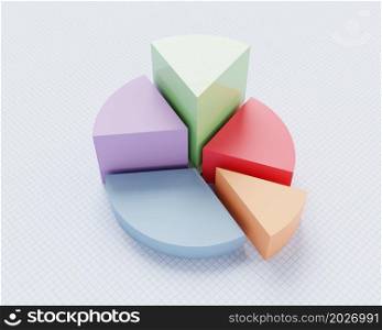 Multicolored pie chart on blue line paper graph texture. Business strategy and financial concept. Perspective view. 3D illustration rendering