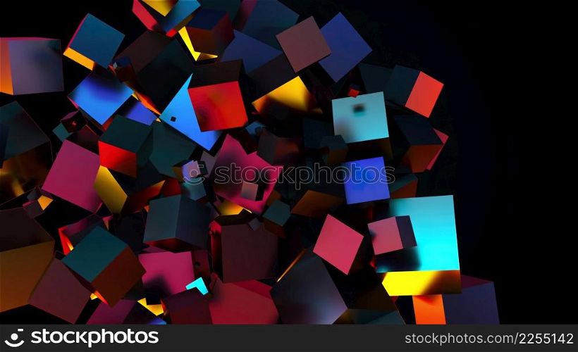 Multicolored random cubes filling the screen, computer generated. 3d rendering neon technological background Multicolored random cubes filling the screen, computer generated. 3d rendering neon technological background. Multicolored random cubes filling the screen, computer generated. 3d rendering neon background