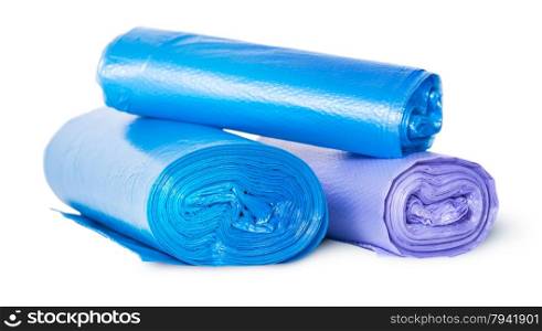 Multicolored rolls of plastic garbage bags isolated on white background
