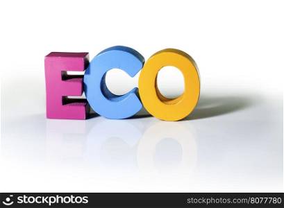 Multicolored text eco made of wood. White background