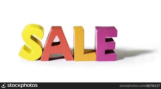 Multicolored text sale made of wood. White background